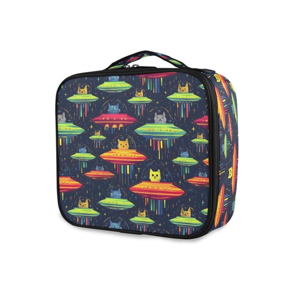 FORMRS Travel Makeup Bag Large Capacity Train Case Cosmetic Organizer with Adjustable Dividers, Colorful Space Cat