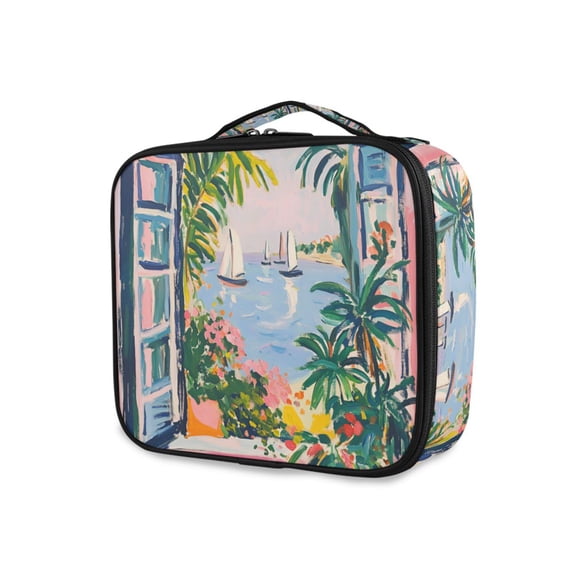 FORMRS Travel Makeup Bag Large Capacity Train Case Cosmetic Organizer with Adjustable Dividers, Floral Seaside