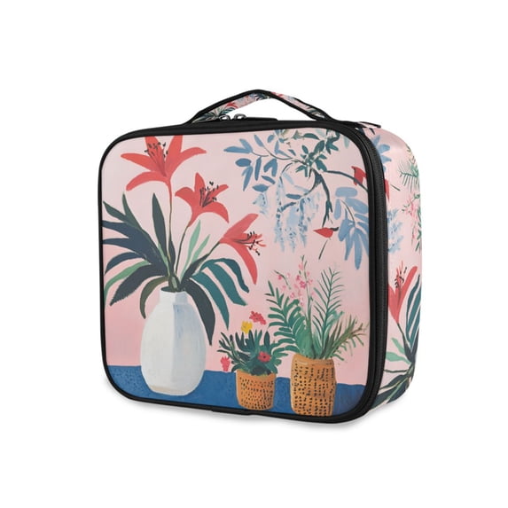 FORMRS Travel Makeup Bag Large Capacity Train Case Cosmetic Organizer with Adjustable Dividers, Flowers and Leaves