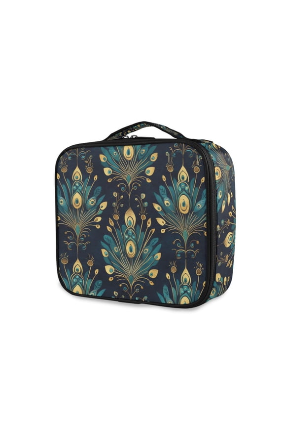Travel Makeup Bag Large Capacity Train Case Cosmetic Organizer with Adjustable Dividers, Gold Peacock Pattern