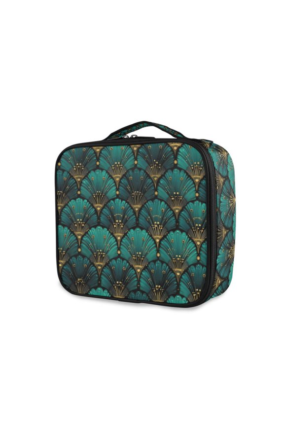 Travel Makeup Bag Large Capacity Train Case Cosmetic Organizer with Adjustable Dividers, Green Art Abstract Pattern