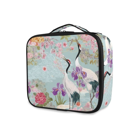 FORMRS Travel Makeup Bag Large Capacity Train Case Cosmetic Organizer with Adjustable Dividers, Green Floral Cranes Pattern