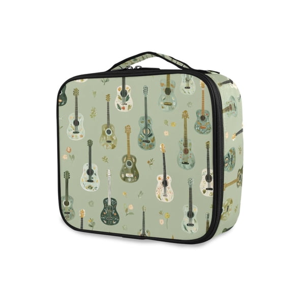 FORMRS Travel Makeup Bag Large Capacity Train Case Cosmetic Organizer with Adjustable Dividers, Green Floral Guitar Pattern