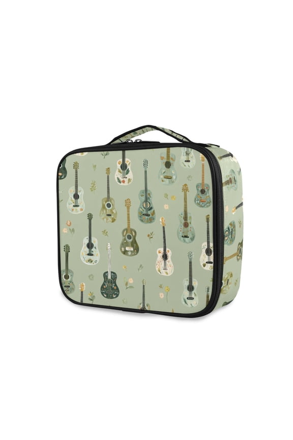 Travel Makeup Bag Large Capacity Train Case Cosmetic Organizer with Adjustable Dividers, Green Floral Guitar Pattern