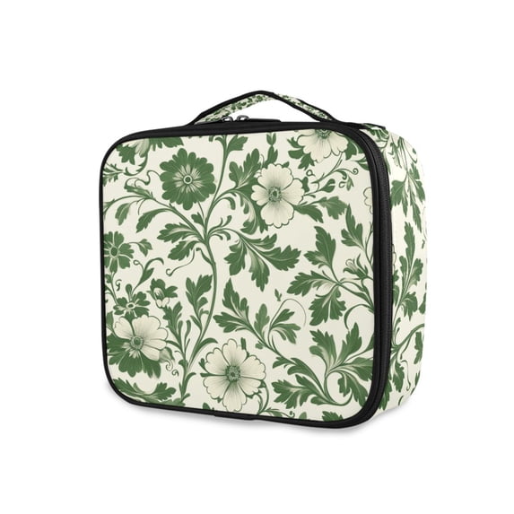 FORMRS Travel Makeup Bag Large Capacity Train Case Cosmetic Organizer with Adjustable Dividers, Green Floral