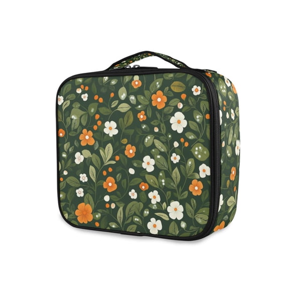 FORMRS Travel Makeup Bag Large Capacity Train Case Cosmetic Organizer with Adjustable Dividers, Green Flowers Pattern