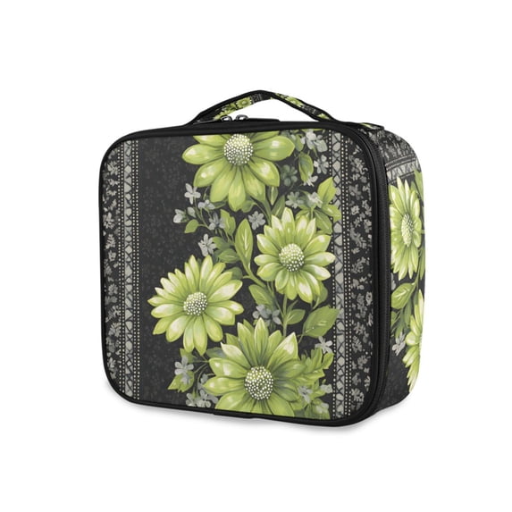 FORMRS Travel Makeup Bag Large Capacity Train Case Cosmetic Organizer with Adjustable Dividers, Green Flowers