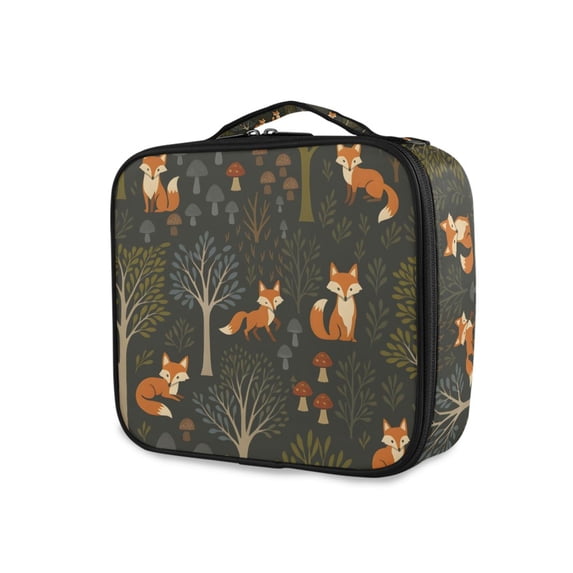FORMRS Travel Makeup Bag Large Capacity Train Case Cosmetic Organizer with Adjustable Dividers, Green Forest Fox Pattern