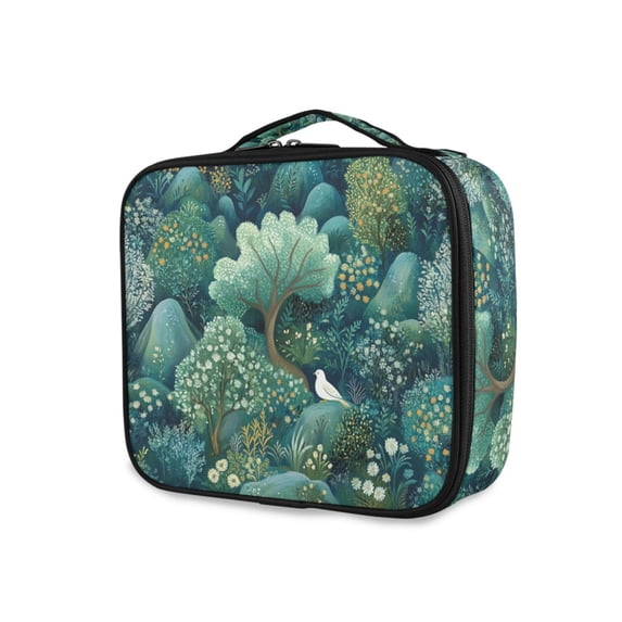 FORMRS Travel Makeup Bag Large Capacity Train Case Cosmetic Organizer with Adjustable Dividers, Green Forest Pattern
