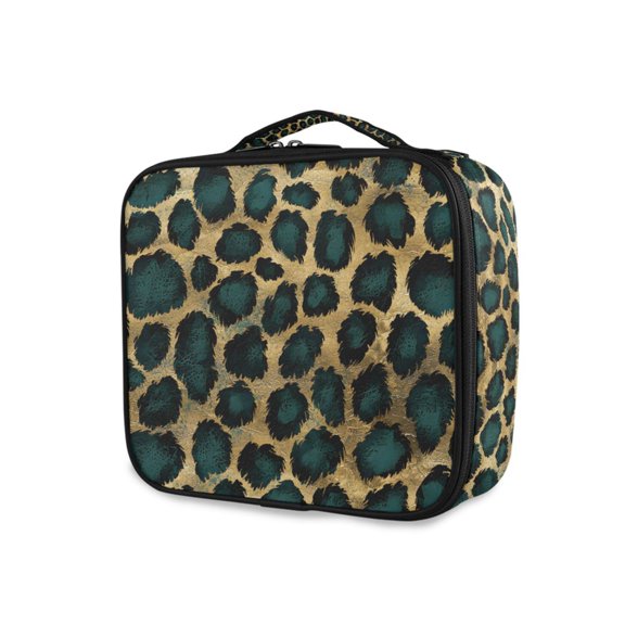 FORMRS Travel Makeup Bag Large Capacity Train Case Cosmetic Organizer with Adjustable Dividers, Green Leopard Pattern
