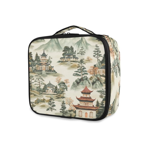 FORMRS Travel Makeup Bag Large Capacity Train Case Cosmetic Organizer with Adjustable Dividers, Green Mountain Pattern