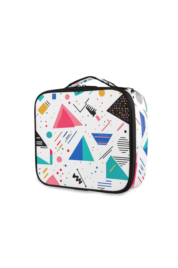 Travel Makeup Bag Large Capacity Train Case Cosmetic Organizer with Adjustable Dividers, Green Retro Triangles