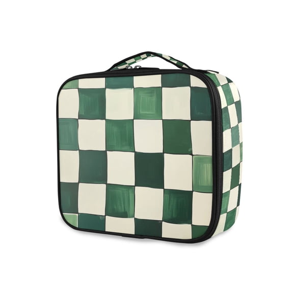 FORMRS Travel Makeup Bag Large Capacity Train Case Cosmetic Organizer with Adjustable Dividers, Green and White Plaid Pattern