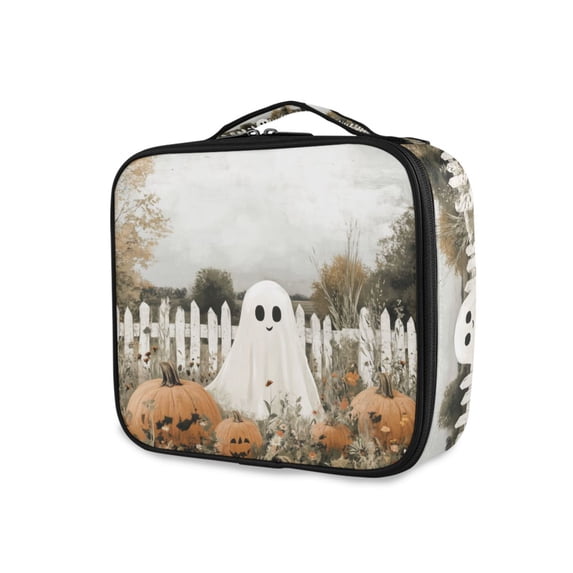 FORMRS Travel Makeup Bag Large Capacity Train Case Cosmetic Organizer with Adjustable Dividers, Halloween Pumpkin Field
