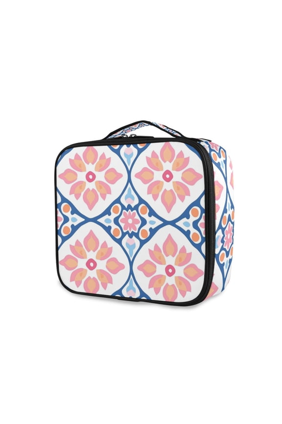 Travel Makeup Bag Large Capacity Train Case Cosmetic Organizer with Adjustable Dividers, Mosaic Flowers Pattern