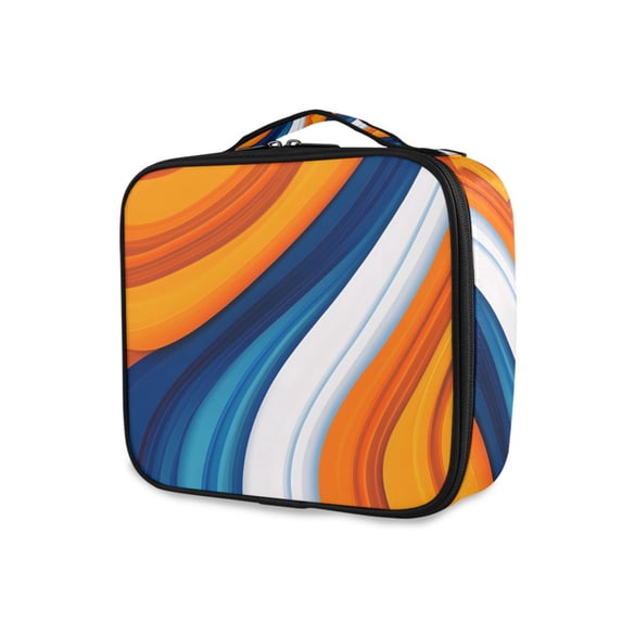 FORMRS Travel Makeup Bag Large Capacity Train Case Cosmetic Organizer with Adjustable Dividers, Orange Abstract Wavy