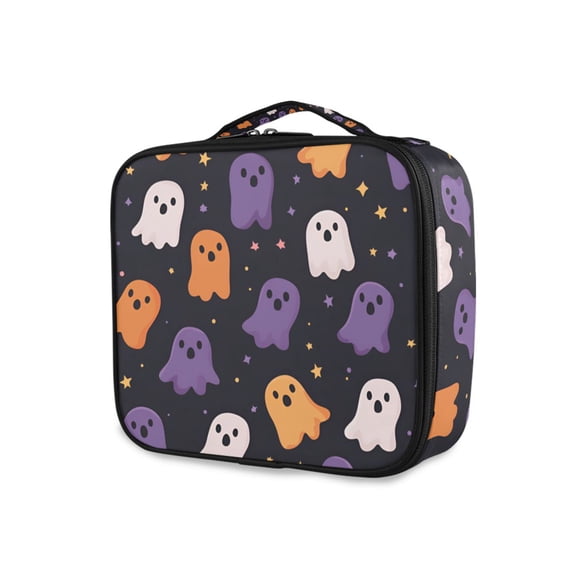 FORMRS Travel Makeup Bag Large Capacity Train Case Cosmetic Organizer with Adjustable Dividers, Orange Halloween Ghosts