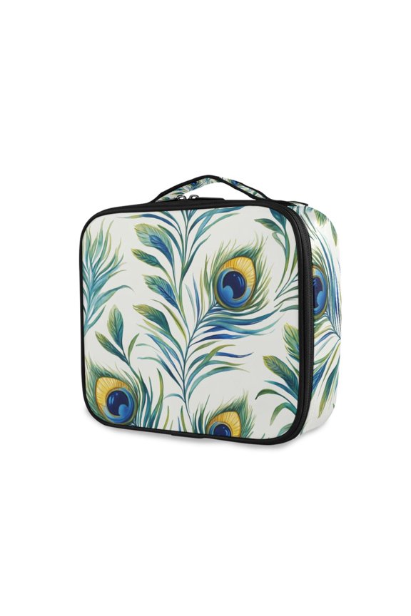 Travel Makeup Bag Large Capacity Train Case Cosmetic Organizer with Adjustable Dividers, Peacock Feather