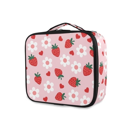 FORMRS Travel Makeup Bag Large Capacity Train Case Cosmetic Organizer with Adjustable Dividers, Pink Floral Strawberry Pattern