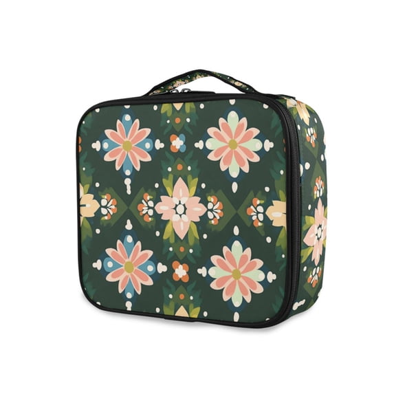 FORMRS Travel Makeup Bag Large Capacity Train Case Cosmetic Organizer with Adjustable Dividers, Pink Geometric Flowers