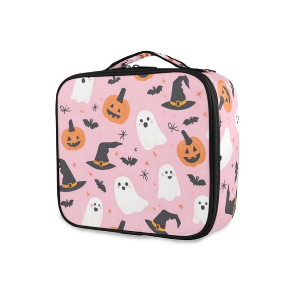 FORMRS Travel Makeup Bag Large Capacity Train Case Cosmetic Organizer with Adjustable Dividers, Pink Halloween Ghosts