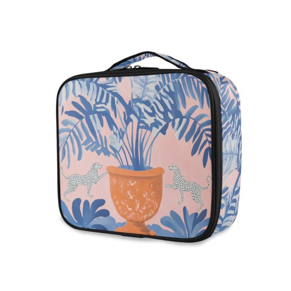 FORMRS Travel Makeup Bag Large Capacity Train Case Cosmetic Organizer with Adjustable Dividers, Pink Leaves