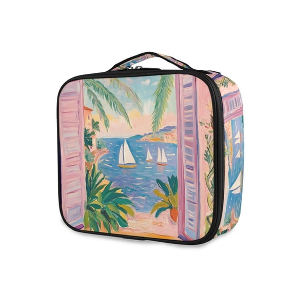 FORMRS Travel Makeup Bag Large Capacity Train Case Cosmetic Organizer with Adjustable Dividers, Pink Seaside Boat