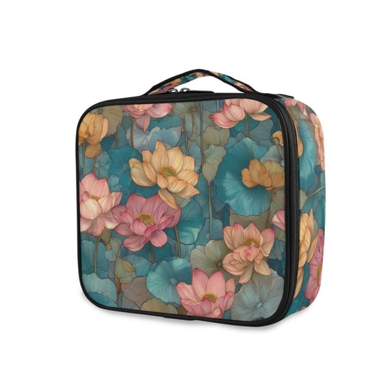 FORMRS Travel Makeup Bag Large Capacity Train Case Cosmetic Organizer with Adjustable Dividers, Pink Water Lilies Pattern