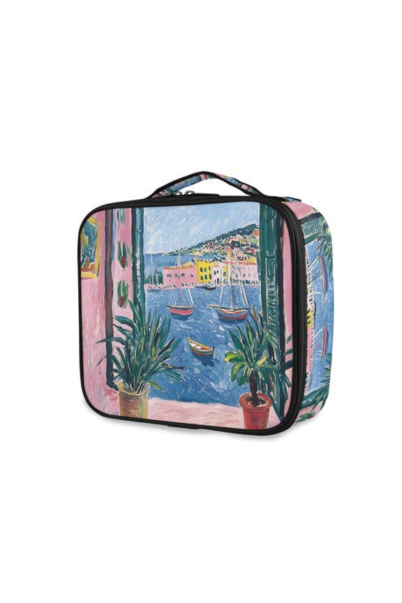 Travel Makeup Bag Large Capacity Train Case Cosmetic Organizer with Adjustable Dividers, Pink Window