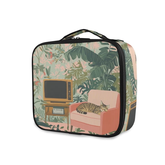 FORMRS Travel Makeup Bag Large Capacity Train Case Cosmetic Organizer with Adjustable Dividers, Pink and Green Cat