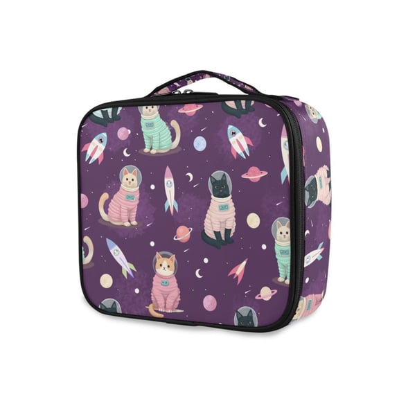 FORMRS Travel Makeup Bag Large Capacity Train Case Cosmetic Organizer with Adjustable Dividers, Purple Space Cat Pattern