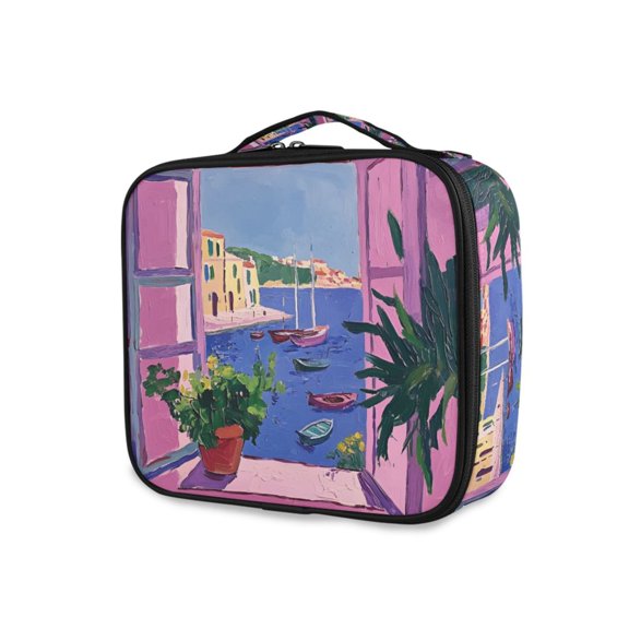 FORMRS Travel Makeup Bag Large Capacity Train Case Cosmetic Organizer with Adjustable Dividers, Purple Window Scene