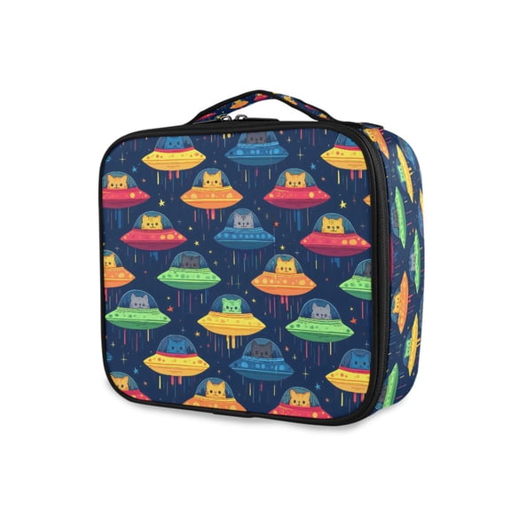 FORMRS Travel Makeup Bag Large Capacity Train Case Cosmetic Organizer with Adjustable Dividers, Rainbow Space Cat