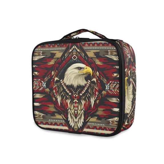 FORMRS Travel Makeup Bag Large Capacity Train Case Cosmetic Organizer with Adjustable Dividers, Red Abstract Eagle