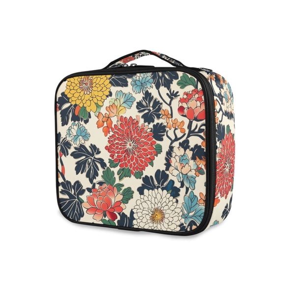 FORMRS Travel Makeup Bag Large Capacity Train Case Cosmetic Organizer with Adjustable Dividers, Red Flowers Pattern