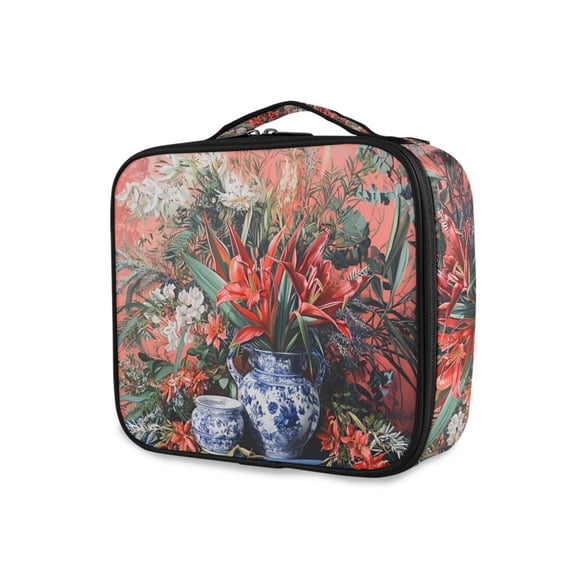 FORMRS Travel Makeup Bag Large Capacity Train Case Cosmetic Organizer with Adjustable Dividers, Red Vibrant Flowers