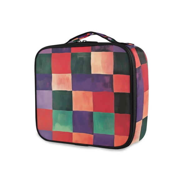 FORMRS Travel Makeup Bag Large Capacity Train Case Cosmetic Organizer with Adjustable Dividers, Red and Purple Plaid Pattern