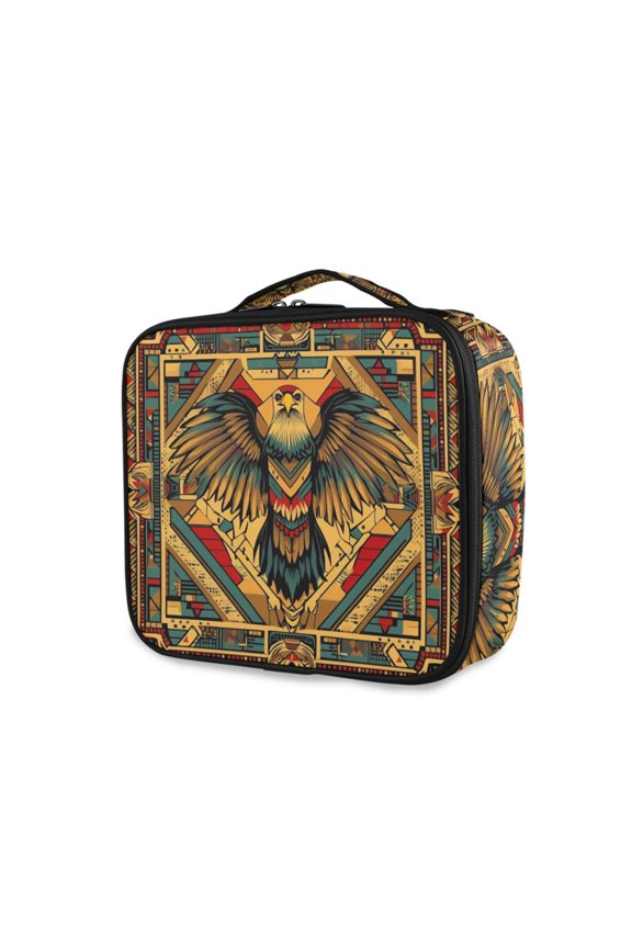 Travel Makeup Bag Large Capacity Train Case Cosmetic Organizer with Adjustable Dividers, Retro Abstract Eagle