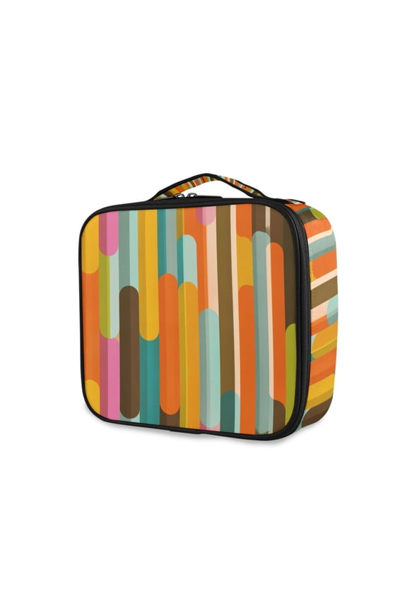 Travel Makeup Bag Large Capacity Train Case Cosmetic Organizer with Adjustable Dividers, Retro Abstract Pattern