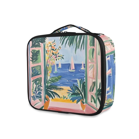 FORMRS Travel Makeup Bag Large Capacity Train Case Cosmetic Organizer with Adjustable Dividers, Seaside Leaves