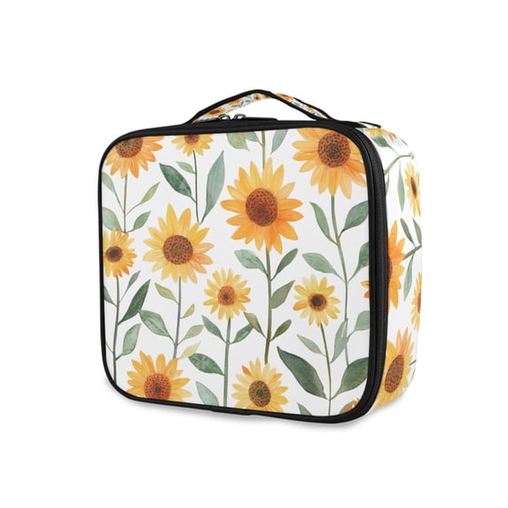 FORMRS Travel Makeup Bag Large Capacity Train Case Cosmetic Organizer with Adjustable Dividers, Sunflowers and Leaves Pattern