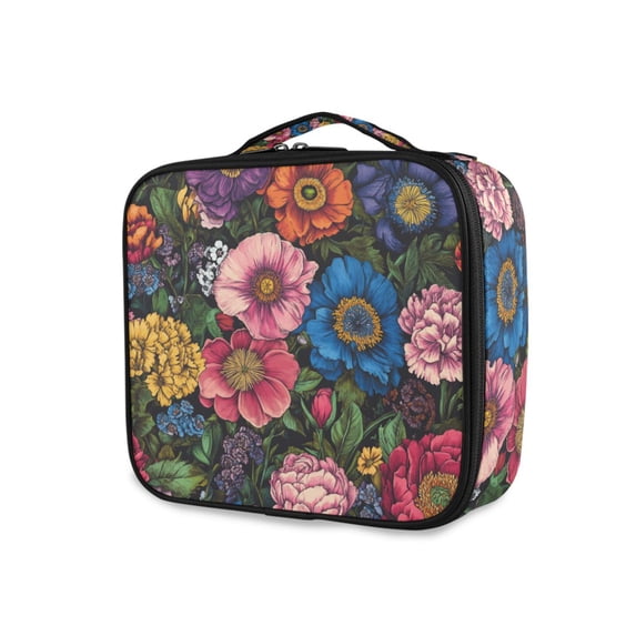FORMRS Travel Makeup Bag Large Capacity Train Case Cosmetic Organizer with Adjustable Dividers, Vibrant Blooming Flowers