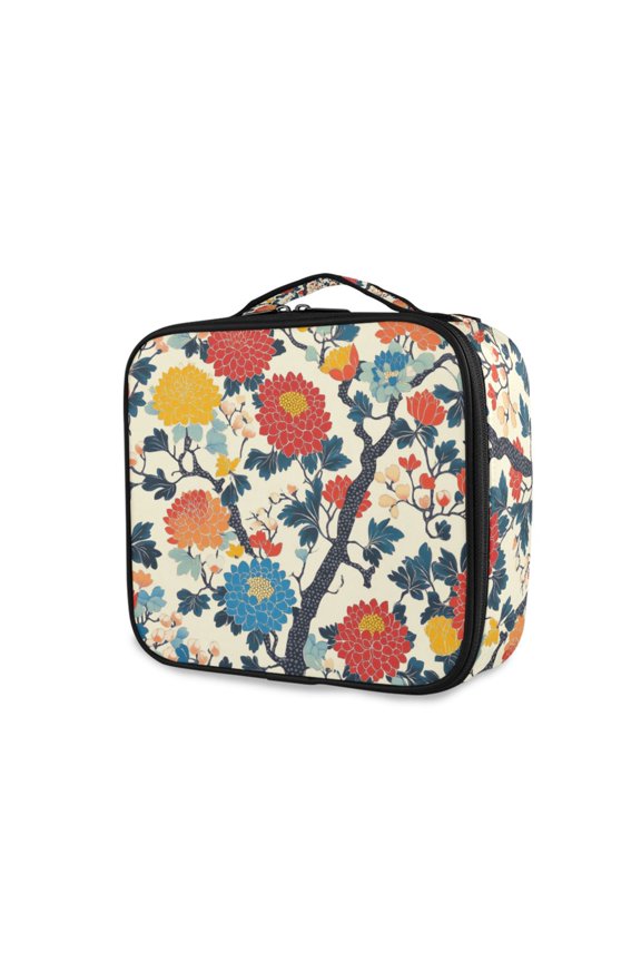 Travel Makeup Bag Large Capacity Train Case Cosmetic Organizer with Adjustable Dividers, Vibrant Japanese Flowers