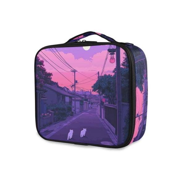 FORMRS Travel Makeup Bag Large Capacity Train Case Cosmetic Organizer with Adjustable Dividers, White Cat Walking