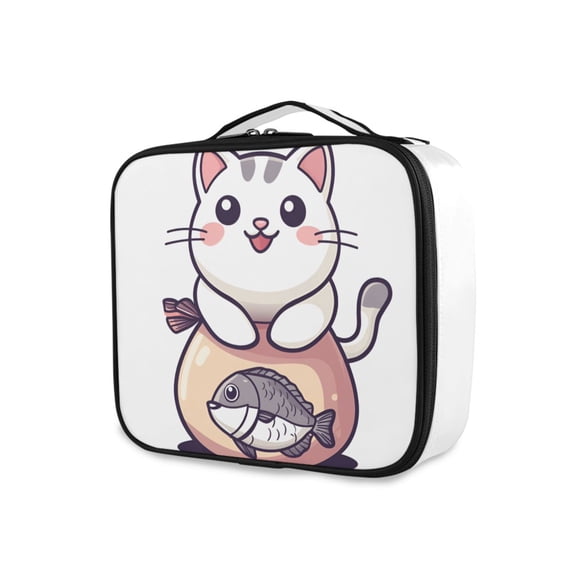 FORMRS Travel Makeup Bag Large Capacity Train Case Cosmetic Organizer with Adjustable Dividers, White Cute Cat