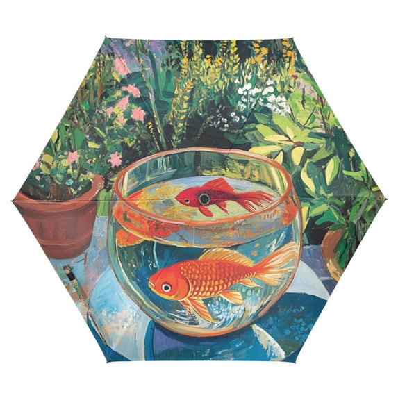 FORMRS Travel Umbrella Folding Auto Open Close Windproof Rain UV Protection, Art Goldfish Bowl