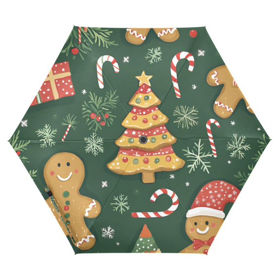 FORMRS Travel Umbrella Folding Auto Open Close Windproof Rain UV Protection, Beige Christmas Gingerbread