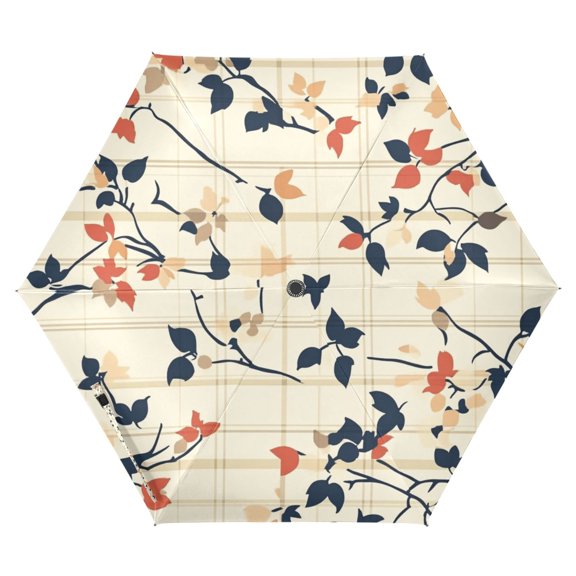 FORMRS Travel Umbrella Folding Auto Open Close Windproof Rain UV Protection, Beige Leaves Plaid