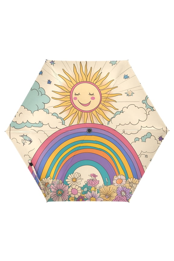 Travel Umbrella Folding Auto Open Close Windproof Rain UV Protection, Beige Rainbow