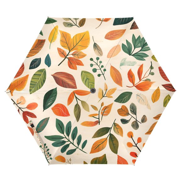 FORMRS Travel Umbrella Folding Auto Open Close Windproof Rain UV Protection, Beige Retro Leaves